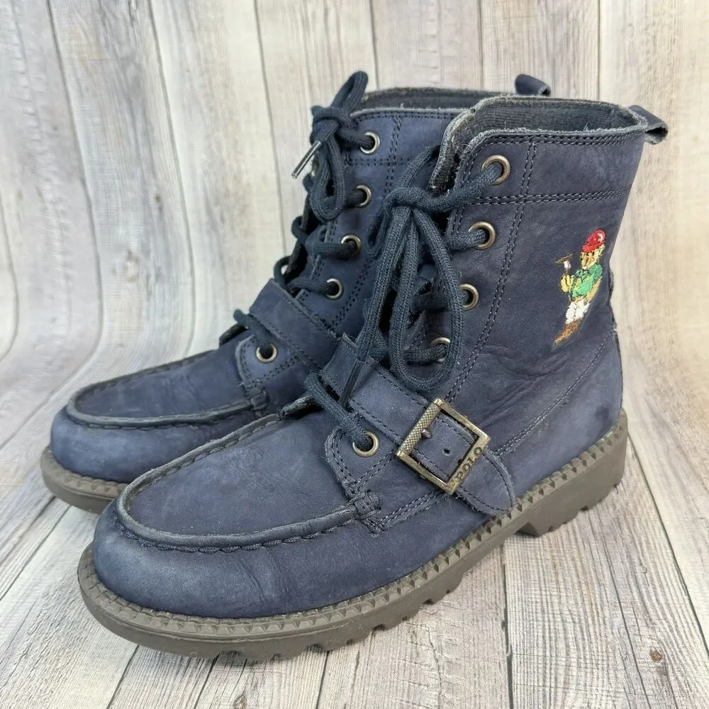 Polo Ralph Lauren Ranger HI II Mallet Bear Boots Blue Leather Kids Unisex SZ 3Y